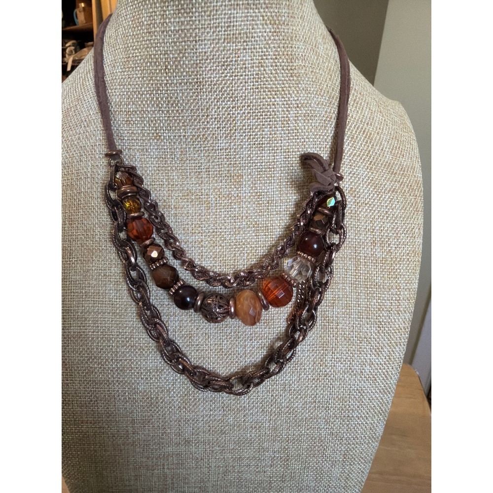 Jewelry Copper Tone Multi Strand Beaded Suede Cord Layered Necklace Boho - Picture 2 of 7